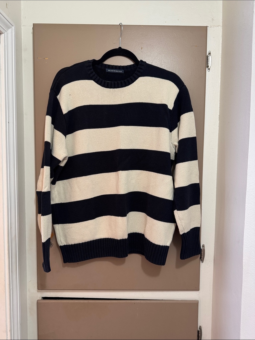 Brandy Melville Black & Cream Striped Crewneck Sweater
